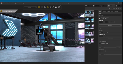 Rendered scene of an industrial gym created in SOLIDWORKS Visualize 2025, featuring exercise equipment and a robotic display, with a user-friendly interface showcasing multiple camera angles.