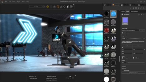 Interactive interface in SOLIDWORKS Visualize 2025 demonstrating advanced texture mapping capabilities, with a rendered robotic arm in an industrial gym setting and material customization options on the right panel.