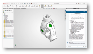 SOLIDWORKS 2026 FD02 interface showing AI-powered change impact analysis on a mechanical assembly model.