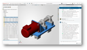 SOLIDWORKS 2026 FD02 interface showing AI-assisted material appearance assignment on a mechanical assembly using natural language prompts.