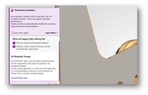 SOLIDWORKS 2026 FD02 Performance Assistant warning users about detailed threaded fasteners and recommending automatic geometry simplification to improve assembly performance.