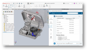SOLIDWORKS 2026 FD02 showing AI-powered PLM model insights with revision history and lifecycle data accessed through natural language queries.